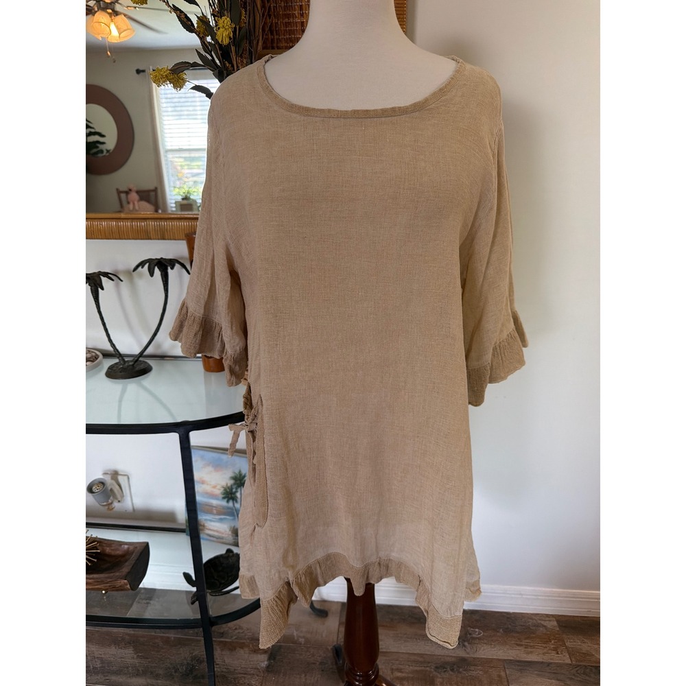 MEO MELI Italian Beige Linen Tunic Top Ruffle Hem Boho LAGENLOOK size L